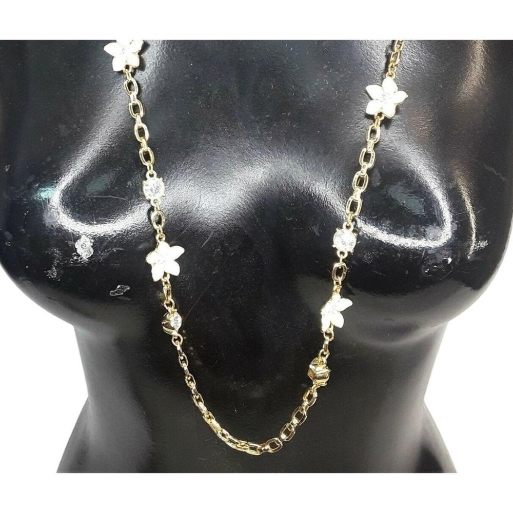 Long Flower Chain Necklace 36" White and Gold Colored
